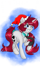 Size: 1080x1920 | Tagged: safe, artist:silentwolf-oficial, oc, oc only, pony, unicorn, christmas, ear piercing, hat, holiday, horn, necktie, one eye closed, piercing, raised hoof, santa hat, simple background, solo, transparent background, unicorn oc, wink