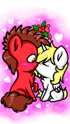 Size: 1080x1920 | Tagged: safe, artist:silentwolf-oficial, oc, oc only, alicorn, earth pony, pony, alicorn oc, chest fluff, earth pony oc, eyes closed, female, holly, holly mistaken for mistletoe, horn, kissing, male, mare, raised hoof, simple background, stallion, straight, transparent background, wings