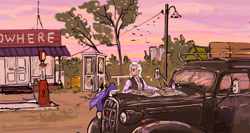 Size: 1920x1024 | Tagged: safe, artist:agm, trixie, human, wandering trixie, g4, buick, buick roadmaster, car, female, gas station, hat, humanized, solo