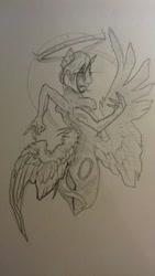 Size: 607x1080 | Tagged: safe, artist:kiwwsplash, oc, oc only, original species, anthro, halo, lineart, looking back, solo, traditional art, wings