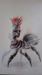 Size: 607x1080 | Tagged: safe, artist:kiwwsplash, oc, oc only, monster pony, original species, spiderpony, horn, solo, traditional art