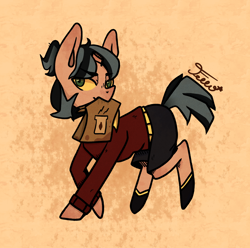 Size: 1860x1845 | Tagged: safe, artist:starfello, oc, oc only, pony, unicorn, broken horn, clothes, horn, mouth hold, paper bag, shorts, signature, solo, unicorn oc