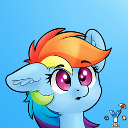 Size: 2000x2000 | Tagged: safe, artist:yelowcrom, rainbow dash, pegasus, pony, g4, blue background, bust, cute, dashabetes, ear fluff, female, high res, mare, one ear down, portrait, simple background, solo