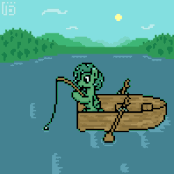 Size: 800x800 | Tagged: safe, artist:vohd, oc, oc only, oc:shindy oozrein, pegasus, pony, animated, boat, fishing, fishing rod, forest, frame by frame, lake, oars, outdoors, pixel art, solo, sun, tree