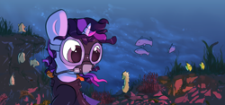 Size: 2630x1231 | Tagged: safe, artist:vultraz, part of a set, twilight sparkle, fish, pony, seahorse, g4, dive mask, diving, drawthread, female, rebreather, requested art, scuba diving, scuba gear, solo, swimming, underwater, wetsuit
