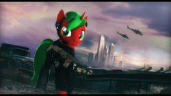 Size: 2920x1642 | Tagged: safe, artist:mister-karter, oc, oc only, oc:clockwork device, pony, 3d, armor, car, city, clothes, crossover, escape from tarkov, gun, helicopter, mi-24, mi-24 hind, scar-h, solo, source filmmaker, tactical squad, weapon