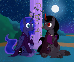 Size: 1300x1100 | Tagged: safe, alternate version, artist:enigmadoodles, king sombra, princess luna, alicorn, pony, unicorn, fanfic:song of myself, g4, alternate hairstyle, book, chest fluff, clothes, cute, ear fluff, fanfic, fanfic art, fanfic cover, gay, half r63 shipping, male, missing accessory, moon, prince artemis, rule 63, ship:lumbra, shipping, trans male, transgender, unshorn fetlocks