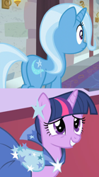Size: 500x892 | Tagged: safe, edit, edited screencap, screencap, trixie, twilight sparkle, a horse shoe-in, g4, the best night ever, butt, eyes on the prize, female, lesbian, plot, ship:twixie, shipping, shipping domino, the great and powerful ass