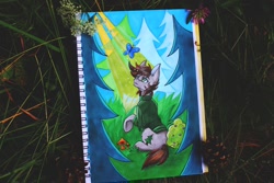 Size: 1280x853 | Tagged: artist needed, safe, oc, oc only, oc:kova, butterfly, earth pony, pony, bush, crepuscular rays, day, earth pony oc, flower, forest, grass, looking up, mushroom, pinecone, sitting, solo, traditional art, tree