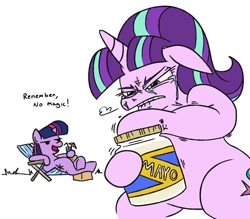 Size: 1026x899 | Tagged: safe, artist:jargon scott, starlight glimmer, twilight sparkle, pony, unicorn, g4, beach chair, bipedal, chair, crying, dialogue, duo, duo female, female, floppy ears, food, gritted teeth, hoof hold, mare, mayonnaise, s5 starlight, sauce, simple background, snorting, struggling, tears of pain, white background