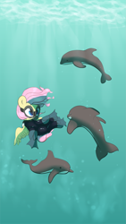 Size: 2375x4205 | Tagged: safe, artist:vultraz, part of a set, fluttershy, dolphin, pegasus, pony, g4, dive mask, diving, drawthread, female, flippers, flippers (gear), rebreather, requested art, scuba diving, scuba gear, solo, swimming, underwater, watershy, wetsuit