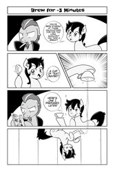 Size: 2107x3160 | Tagged: safe, artist:anonymous, seven seas, professor what, star dancer, pony, g4, my little pony: the manga, abacus, black and white, cup, cute, dialogue, food, grayscale, high res, manga style, monochrome, style emulation, tea, teacup, time travel