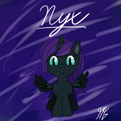 Size: 1920x1920 | Tagged: safe, artist:matyas451, oc, oc only, oc:nyx, alicorn, pony, fanfic:past sins, alicorn oc, female, filly, foal, horn, looking at you, nightmare eyes, sitting, smiling, smiling at you, solo, spread wings, wings