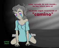 Size: 1964x1604 | Tagged: safe, artist:ermackvn, screw loose, human, g4, crying, darkness, female, hospital gown, humanized, letter, sad, solo, spanish, translated in the description, woman