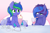 Size: 2800x1843 | Tagged: safe, artist:higglytownhero, oc, oc only, oc:blue monday, oc:felicity stars, pegasus, pony, unicorn, cup, drinking, duo, duo female, ear piercing, earring, eye clipping through hair, female, food, hoof on cheek, horn, jewelry, milkshake, pegasus oc, piercing, siblings, sipping, sisters, smiling, straw, unicorn oc, wings