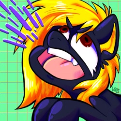 Size: 2048x2048 | Tagged: safe, artist:icky_slicky, oc, oc only, oc:naveen numbers, pegasus, pony, abstract background, angry, faic, fangs, high res, open mouth, screentone, simple background, solo, tongue out, yelling