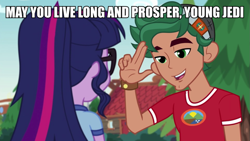 Size: 1197x673 | Tagged: safe, edit, edited screencap, screencap, timber spruce, twilight sparkle, equestria girls, g4, caption, image macro, text