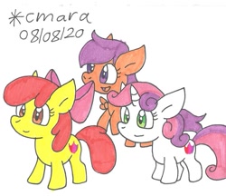 Size: 1003x866 | Tagged: safe, artist:cmara, apple bloom, scootaloo, sweetie belle, earth pony, pegasus, pony, unicorn, g4, apple bloom's bow, bow, cutie mark, cutie mark crusaders, hair bow, open mouth, simple background, the cmc's cutie marks, traditional art, white background