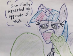 Size: 1125x861 | Tagged: safe, anonymous artist, twilight sparkle, oc, oc:anon, human, unicorn, g4, 4chan, collar, crayon drawing, dad joke, drawthread, funny, gift horse, haha funny, open mouth, pun, requested art, silly, silly anon, traditional art, twilight snakle, unicorn twilight, visual pun