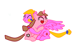 Size: 1248x720 | Tagged: safe, artist:aquilles_da_amizade, oc, oc:magic sky, oc:star of heart, pegasus, pony, unicorn, female, hug, mare, simple background, smiling, white background