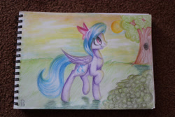 Size: 3000x2000 | Tagged: safe, artist:hunterbookie, flitter, pegasus, pony, g4, female, folded wings, grass, high res, mare, raised hoof, sky, smiling, solo, standing, sun, sunshine, traditional art, tree, wings