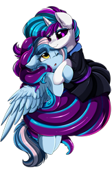 Size: 2343x3595 | Tagged: safe, artist:pridark, oc, oc only, oc:chrysocolla dawn, oc:flare, monster pony, octopony, original species, pegasus, pony, clothes, dress, high res, hug, open mouth, simple background, smiling, tentacles, transparent background