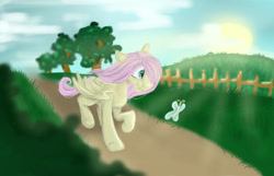 Size: 700x450 | Tagged: safe, artist:hunterbookie, fluttershy, butterfly, pegasus, pony, g4, female, solo, sun, tree, walking