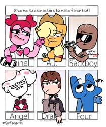 Size: 818x977 | Tagged: safe, artist:this_queenz, applejack, arachnid, demon, earth pony, gem (race), human, pony, spider, undead, anthro, g4, spoiler:steven universe: the movie, :i, angel dust (hazbin hotel), anthro with ponies, battle for dream island, bowtie, bust, cape, clothes, crossover, default spinel, female, femboy, four (battle for dream island), frown, gem, hair over one eye, hat, hazbin hotel, hellaverse, looking up, male, mare, number, numbers, sackboy, sinner demon, six fanarts, spider demon, spinel, spinel (steven universe), spoilers for another series, steven universe, steven universe: the movie, sunglasses, that's entertainment, uncharted