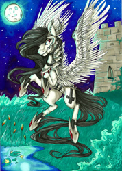 Size: 1638x2302 | Tagged: safe, artist:hunterbookie, oc, oc only, oc:hannibal, demon, demon pony, original species, armor, castle, large wings, moon, night, solo, tower, wings