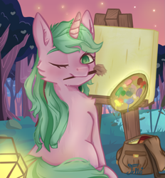 Size: 1731x1865 | Tagged: safe, alternate version, artist:starfello, oc, oc only, pony, unicorn, bag, canvas, cheek fluff, chest fluff, glowing horn, horn, magic, mouth hold, one eye closed, outdoors, paintbrush, palette, sitting, solo, stars, telekinesis, twilight (astronomy), unicorn oc, wink