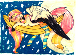 Size: 1598x1163 | Tagged: safe, artist:you-stee, oc, oc only, oc:niki, pegasus, pony, banana, clothes, food, large wings, moon, night, pegasus oc, sleeping, socks, solo, striped socks, traditional art, wings