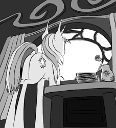 Size: 735x808 | Tagged: safe, artist:gyl367, edit, twilight sparkle, pony, unicorn, g4, book, colored, curtains, female, flat colors, flower, looking out the window, mare, monochrome, rose, solo, sunset shimmer's cutie mark, unicorn twilight, vase, window