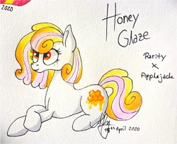Size: 1080x882 | Tagged: safe, artist:galaxy.in.mind, oc, oc only, oc:honey glaze, earth pony, pony, earth pony oc, female, lying down, magical lesbian spawn, mare, offspring, parent:applejack, parent:rarity, parents:rarijack, prone, signature, solo, traditional art