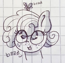 Size: 690x670 | Tagged: safe, artist:galaxy.in.mind, oc, oc only, oc:honey glaze, bee, earth pony, insect, pony, bust, earth pony oc, eyelashes, female, freckles, graph paper, grin, lineart, looking up, magical lesbian spawn, mare, offspring, onomatopoeia, parent:applejack, parent:rarity, parents:rarijack, smiling, solo, traditional art