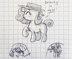 Size: 1080x883 | Tagged: safe, artist:galaxy.in.mind, applejack, rarity, oc, oc:honey glaze, earth pony, pony, unicorn, g4, bust, earth pony oc, eyes closed, female, filly, graph paper, hat, heart, lineart, lying down, magical lesbian spawn, mare, offspring, parent:applejack, parent:rarity, parents:rarijack, prone, raised hoof, smiling, sun hat, traditional art