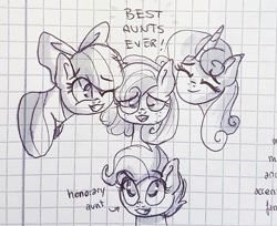 Size: 1080x883 | Tagged: safe, artist:galaxy.in.mind, apple bloom, scootaloo, sweetie belle, oc, oc:honey glaze, earth pony, pegasus, pony, unicorn, g4, bust, cutie mark crusaders, earth pony oc, eyes closed, female, graph paper, grin, lineart, magical lesbian spawn, mare, offspring, older, older apple bloom, older scootaloo, older sweetie belle, one eye closed, parent:applejack, parent:rarity, parents:rarijack, smiling, traditional art, wink