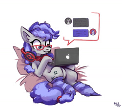 Size: 1700x1500 | Tagged: safe, artist:ami-gami, oc, oc only, oc:cinnabyte, pony, adorkable, bandana, cinnabetes, clothes, commission, computer, cute, dork, gaming headset, glasses, headphones, headset, laptop computer, meganekko, simple background, smiling, socks, solo, striped socks, white background, your character here