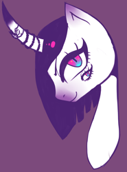 Size: 934x1261 | Tagged: safe, artist:matrioshkka, oc, oc only, oc:spider, pony, unicorn, bust, curved horn, four eyes, horn, multiple eyes, purple background, simple background, solo, unicorn oc