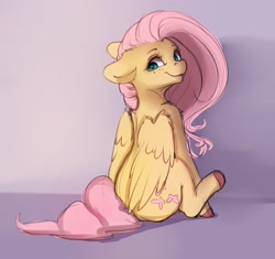 Size: 2548x2396 | Tagged: safe, artist:miokomata, fluttershy, pony, unicorn, g4, :3, butt, colored hooves, cute, cute little fangs, fangs, female, floppy ears, freckles, freckleshy, high res, mare, plot, shyabetes, sitting, smiling, solo
