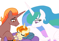 Size: 2400x1676 | Tagged: safe, artist:chelseawest, princess celestia, oc, oc:sol, oc:solar eclipse, alicorn, pony, unicorn, g4, baby, baby pony, male, offspring, parent:oc:solar eclipse, parent:princess celestia, parents:canon x oc, petalverse, simple background, stallion, transparent background