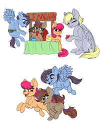 Size: 750x921 | Tagged: safe, artist:celestial-rainstorm, derpy hooves, oc, oc:pippin, oc:pixel stream, oc:proud skies, earth pony, pegasus, pony, g4, colt, female, filly, lemonade stand, male, offspring, parent:apple bloom, parent:button mash, parent:rumble, parent:scootaloo, parent:sweetie belle, parent:tender taps, parents:rumbloo, parents:sweetiemash, parents:tenderbloom, running, simple background, white background