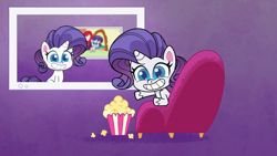 Size: 1920x1080 | Tagged: safe, screencap, rarity, pony, unicorn, g4, g4.5, my little pony: pony life, the debut taunt, bean mouth, chair, female, food, mare, popcorn, recursion, smiling, solo