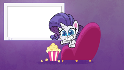Size: 1920x1080 | Tagged: safe, edit, edited screencap, screencap, rarity, pony, unicorn, g4.5, my little pony: pony life, the debut taunt, bean mouth, chair, female, food, popcorn, smiling, solo, template