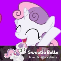 Size: 503x503 | Tagged: safe, sweetie belle, pony, unicorn, g4, :d, caption, cutie mark, female, needs more jpeg, solo, the cmc's cutie marks