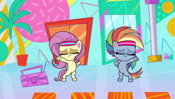 Size: 1920x1080 | Tagged: safe, screencap, fluttershy, rainbow dash, pegasus, pony, g4, g4.5, my little pony: pony life, superb six, bipedal, cute, dancing, dashabetes, female, shyabetes