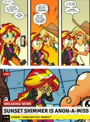 Size: 1016x1372 | Tagged: safe, edit, idw, applejack, sunset shimmer, equestria girls, g4, spoiler:comicholiday2014, abuse, anon-a-miss, background pony strikes again, break your own news, crying, female, op is a duck, op is trying to start shit, sad, shimmerbuse