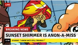 Size: 714x410 | Tagged: safe, edit, idw, scribble dee, sunset shimmer, equestria girls, g4, spoiler:comicholiday2014, abuse, anon-a-miss, background pony strikes again, break your own news, breaking news, crying, female, op is a duck, op is trying to start shit, sad, shimmerbuse