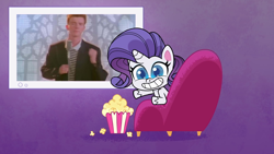 Size: 1920x1080 | Tagged: safe, edit, edited screencap, screencap, rarity, pony, unicorn, g4.5, my little pony: pony life, the debut taunt, female, food, mare, never gonna give you up, popcorn, rick astley, rickroll, smiling, television