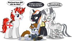 Size: 11845x6702 | Tagged: safe, artist:vector-brony, oc, oc only, oc:life bloom, oc:littlepip, oc:velvet remedy, oc:xenith, fallout equestria, g4, bandage, burn, clothes, dialogue, fluttershy medical saddlebag, jumpsuit, pipbuck, simple background, transparent background, vault suit
