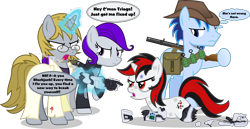 Size: 6590x3412 | Tagged: safe, artist:vector-brony, oc, oc only, oc:blackjack, oc:morning glory (project horizons), oc:p-21, oc:triage, cyborg, earth pony, pegasus, pony, unicorn, fallout equestria, fallout equestria: project horizons, g4, bag, censored vulgarity, cybernetic legs, damaged, earth pony oc, fanfic art, female, glasses, grenade, horn, level 1 (project horizons), levitation, magic, mare, pegasus oc, persuasion (p-21's rifle), pipbuck, pointing, prosthetic eye, prosthetics, simple background, smoking, telekinesis, transparent background, unicorn oc